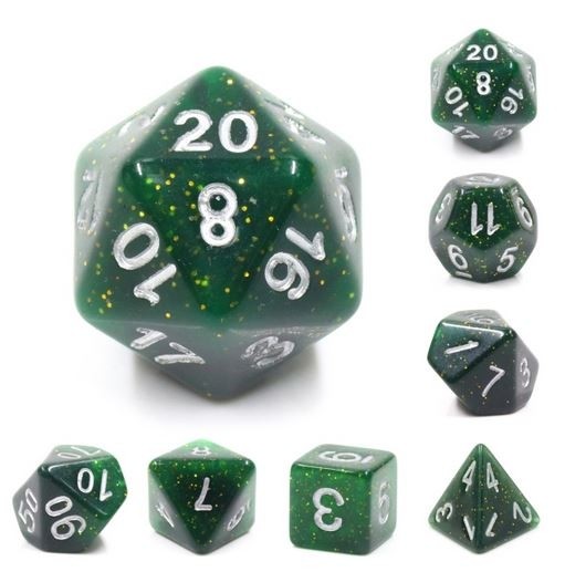 Green glitter dice set