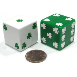 Set of 2 Shamrock D6 25mm Large Opaque Jumbo Dice - 1 White and 1 Green